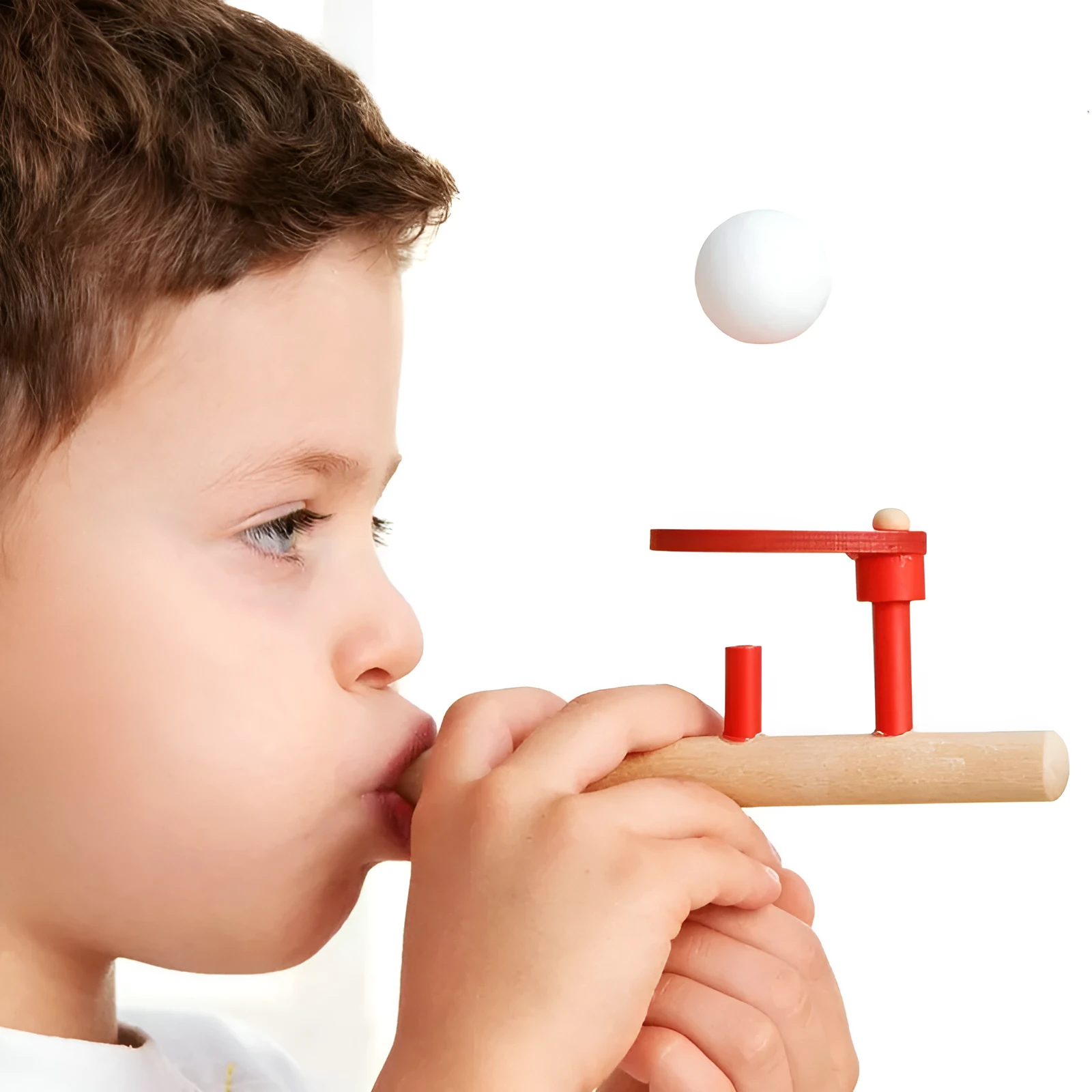Wooden blowing balls magic suspension toy in red colour, 14 x 6 cm, on a white background