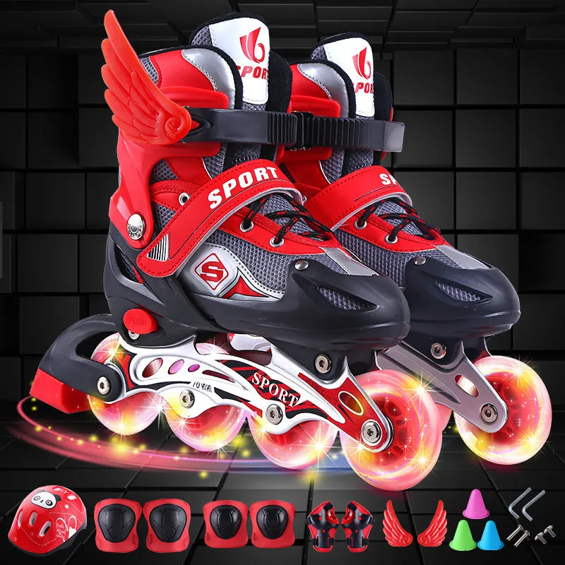 Children's inline skates with adjustable sizing, PVC wheels, and PU mesh upper in blue and white colourway