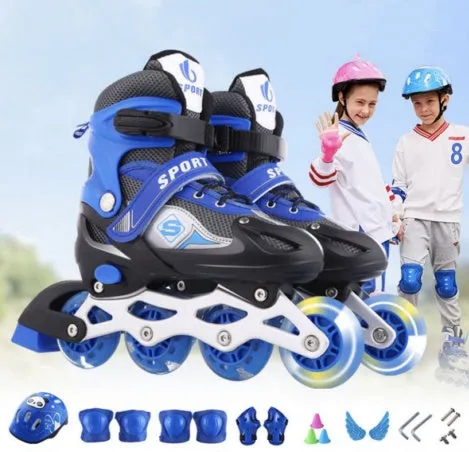 Children's inline skates with adjustable sizing, PVC wheels, and PU mesh upper in blue and white colourway