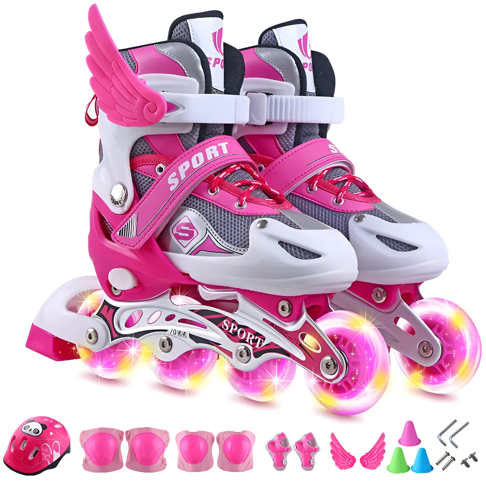 Children's inline skates with adjustable sizing, PVC wheels, and PU mesh upper in blue and white colourway