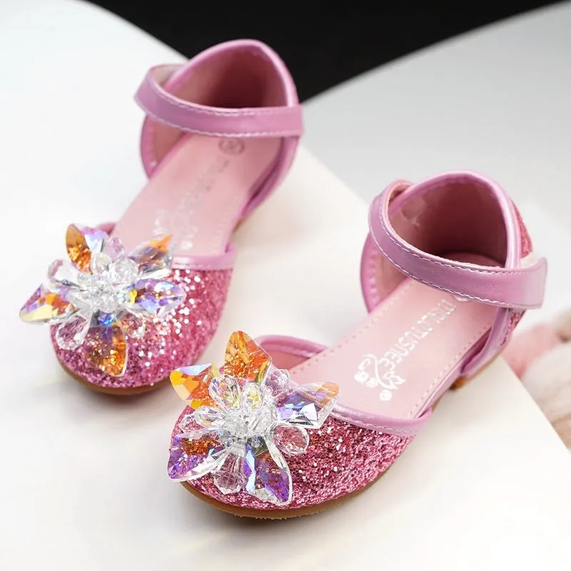 Girls crystal rhinestone shoes in pink with shiny fabric upper and cotton lining