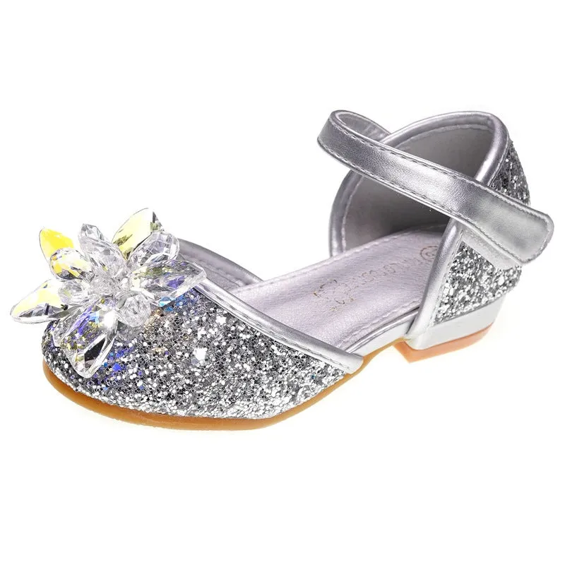 Girls crystal rhinestone shoes in pink with shiny fabric upper and cotton lining