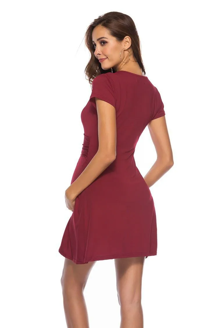 Deep V-neck maternity short sleeve dress in polyester fibre, available in Black, Blue, Dark Grey, and Wine Red, sizes S to XL