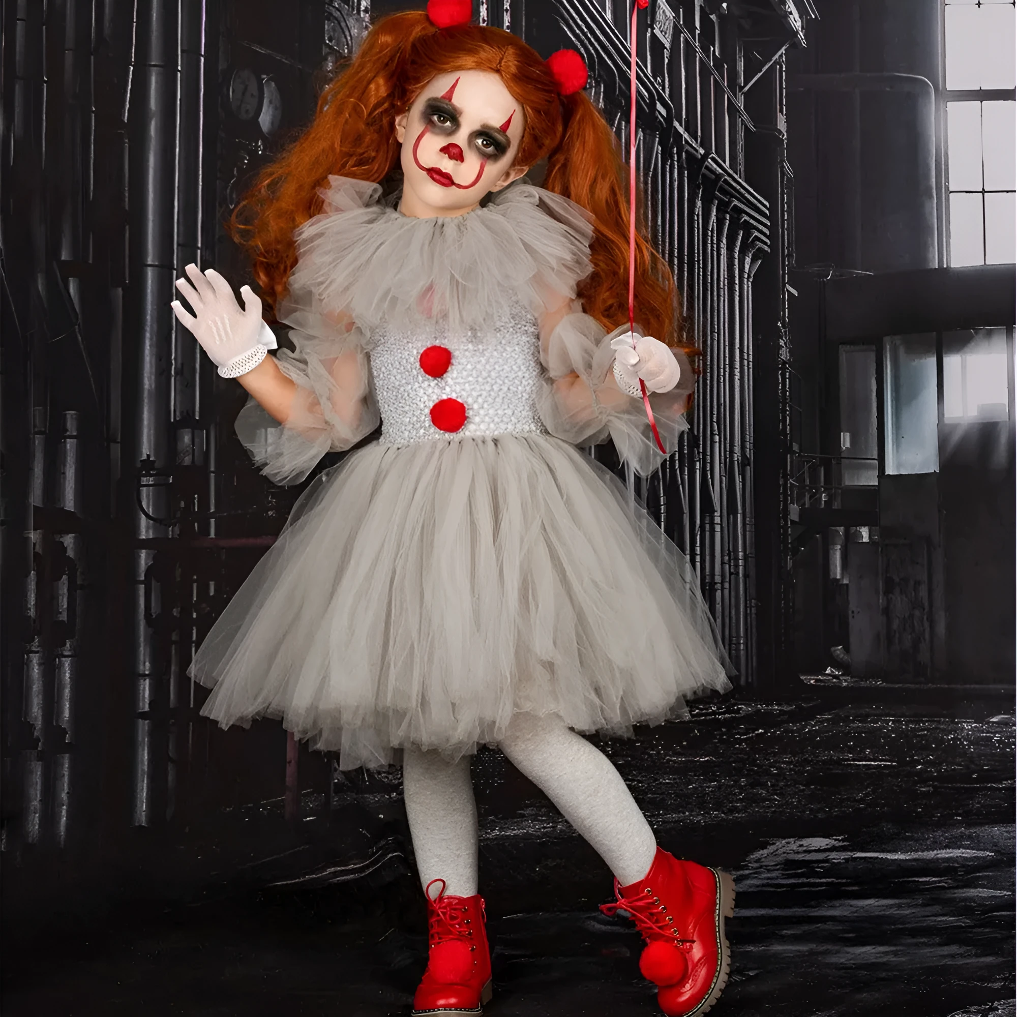 Children's mesh princess dress set with lace collar, hairpin, and gloves for Halloween costume, multiple sizes 90-160cm