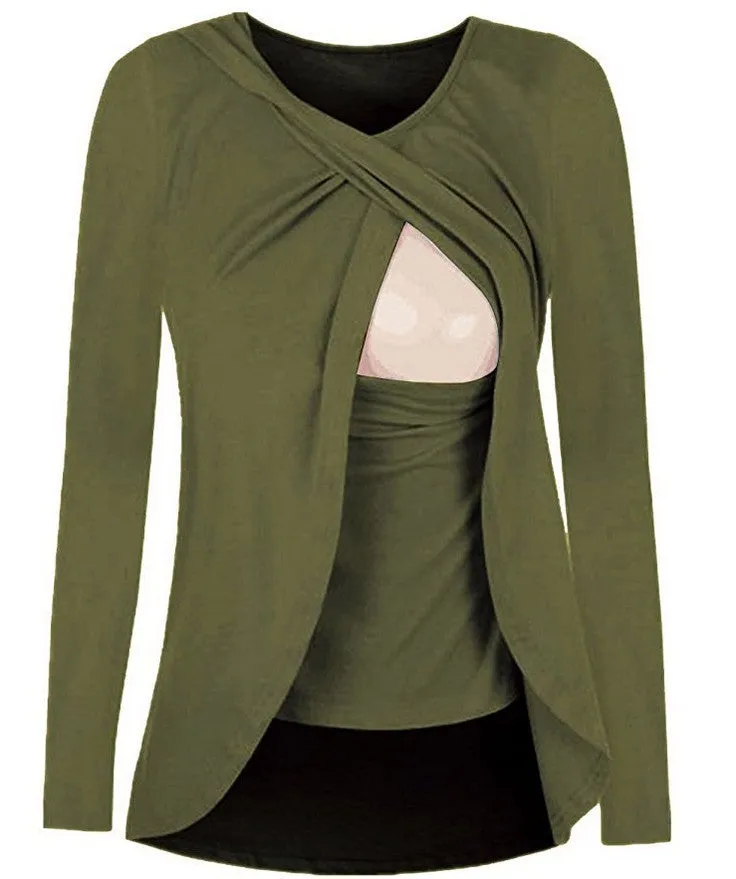 Europe maternity cotton round neck feeding shirt blouse 8962 in solid colour for pregnant women