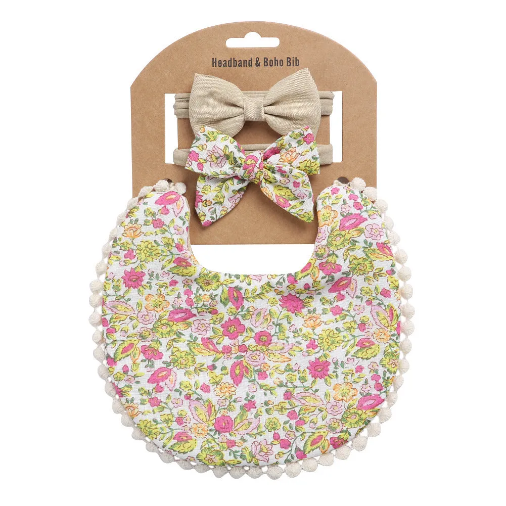 Linen cotton double-sided baby bib in solid colour with printed pattern, neutral design for boys and girls