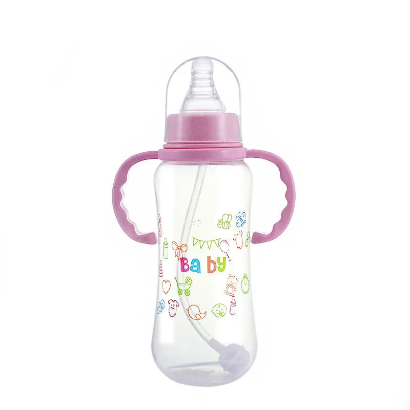Children's baby standard mouth PP feeding bottle 280mL arc shape in pink, green, and blue colours