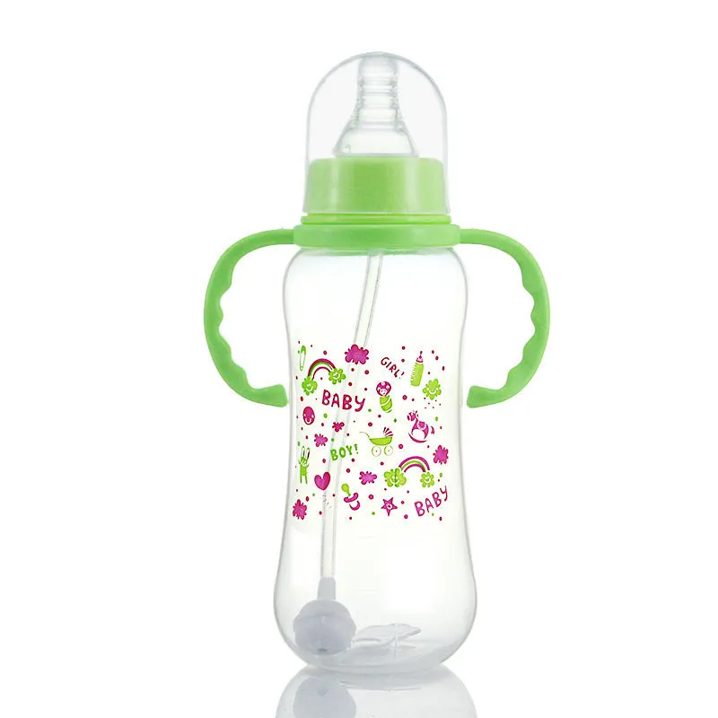 Children's baby standard mouth PP feeding bottle 280mL arc shape in pink, green, and blue colours