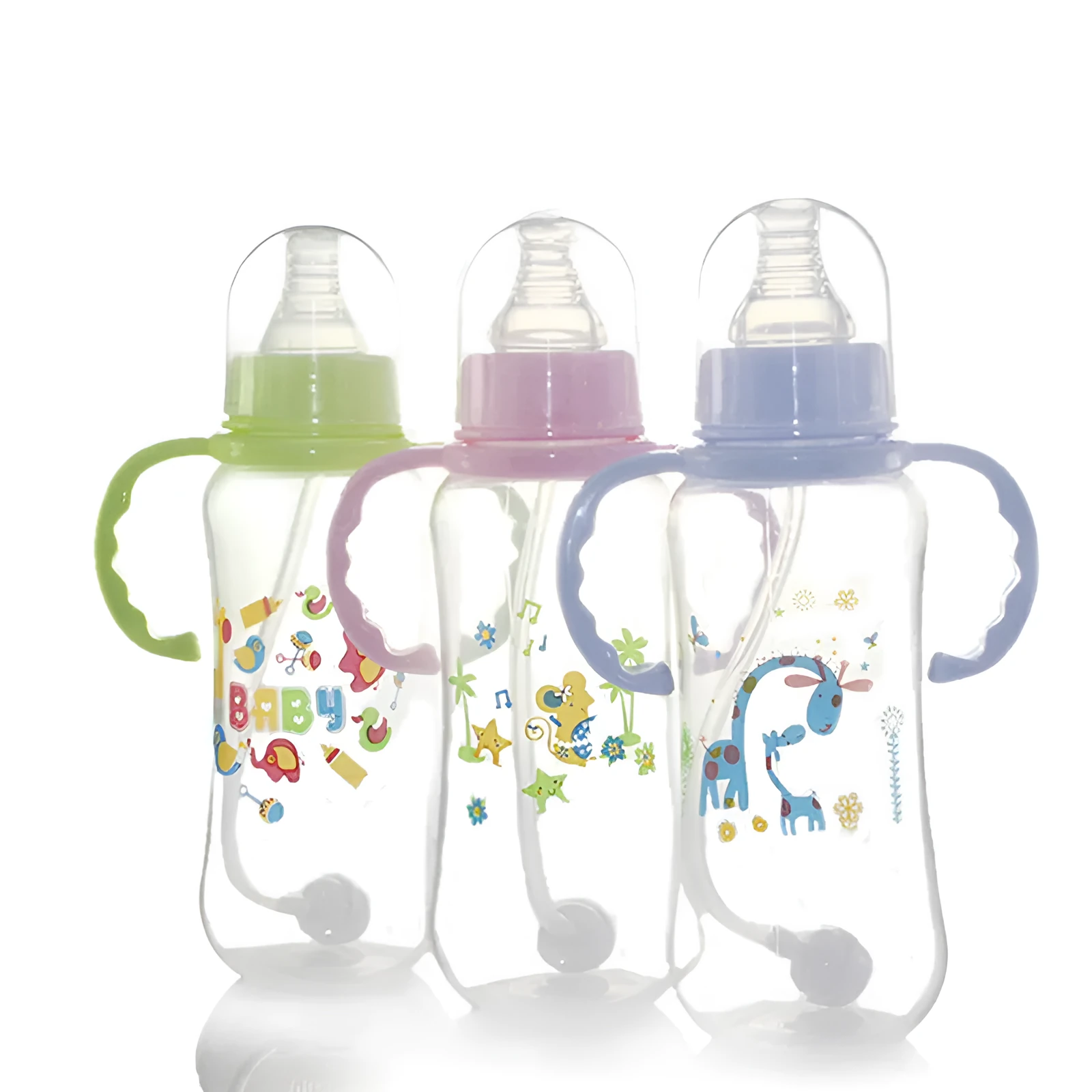 Children's baby standard mouth PP feeding bottle 280mL arc shape in pink, green, and blue colours