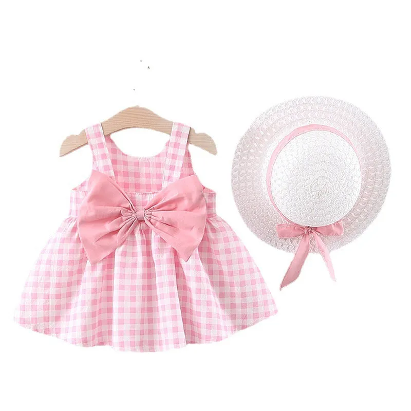 Baby girl plaid skirt in pink with free matching straw hat, 90 percent cotton