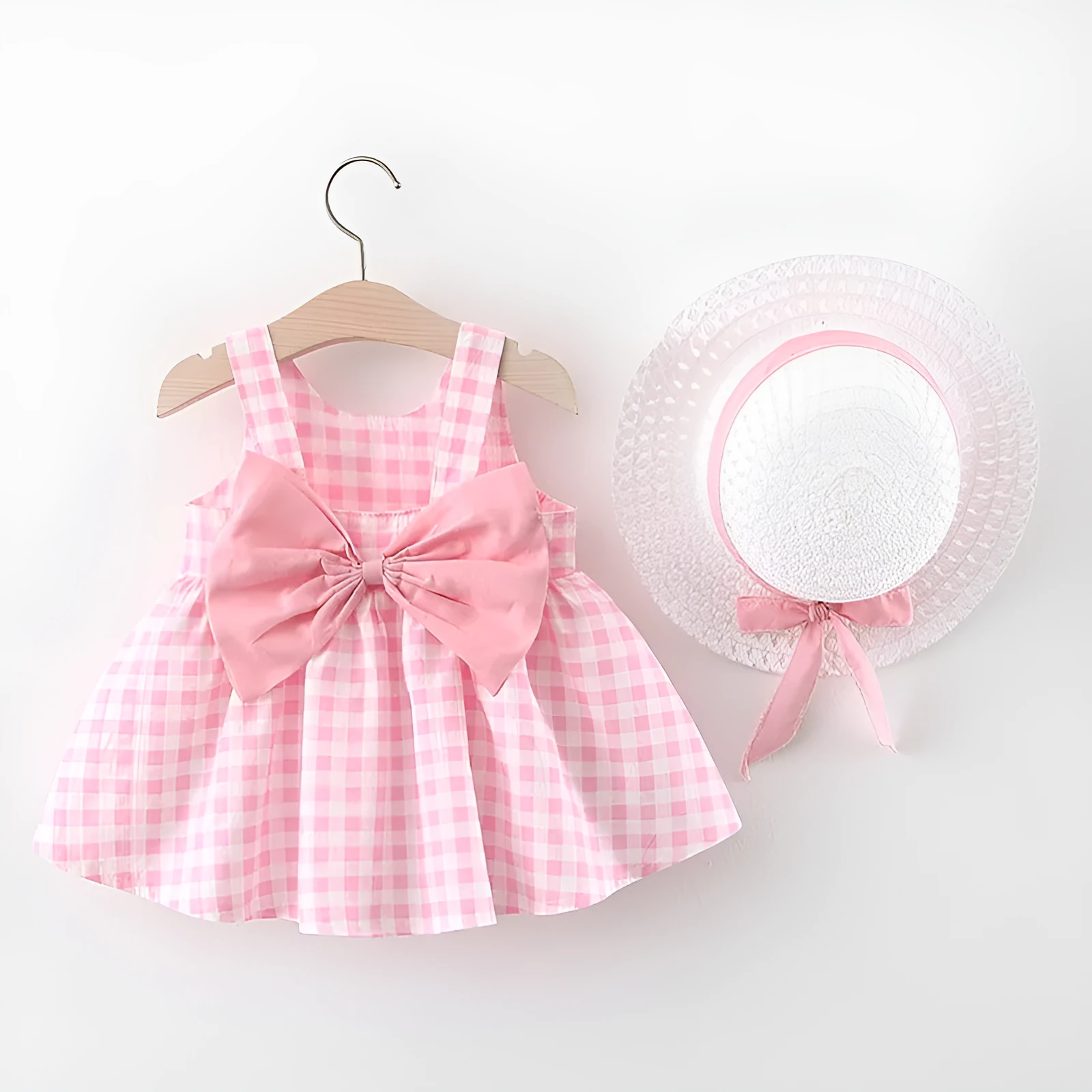Baby girl plaid skirt in pink with free matching straw hat, 90 percent cotton