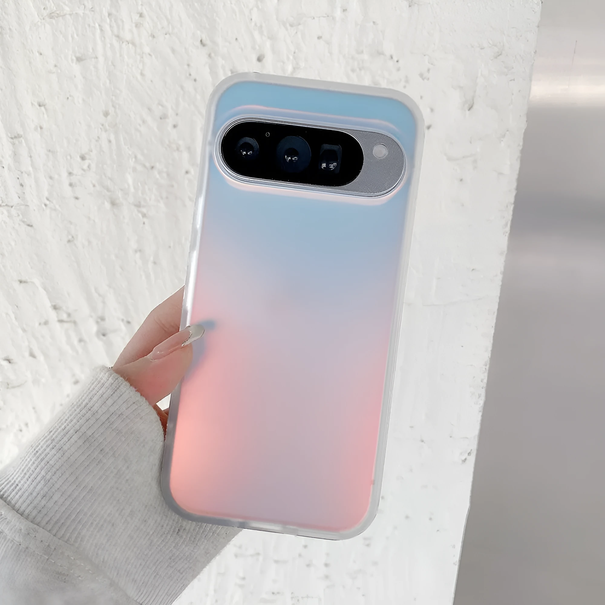 Colourful laser design on a frosted matte Google phone case showing shockproof protection.