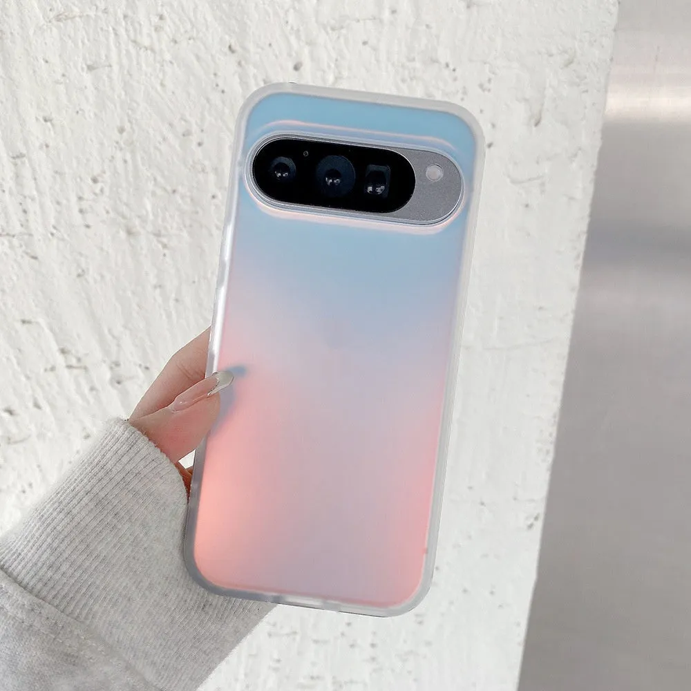 Colourful laser design on a frosted matte Google phone case showing shockproof protection.