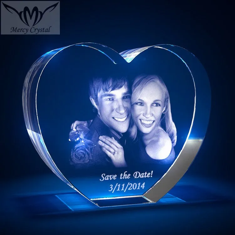Custom laser engraved crystal sphere with personalised photo inside, available in multiple sizes and styles