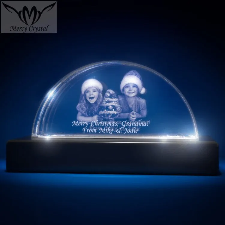 Custom laser engraved crystal sphere with personalised photo inside, available in multiple sizes and styles