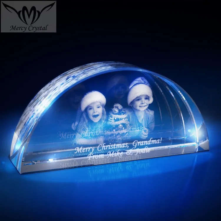 Custom laser engraved crystal sphere with personalised photo inside, available in multiple sizes and styles
