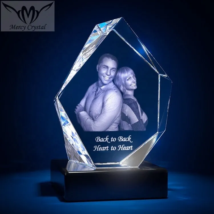 Custom laser engraved crystal sphere with personalised photo inside, available in multiple sizes and styles