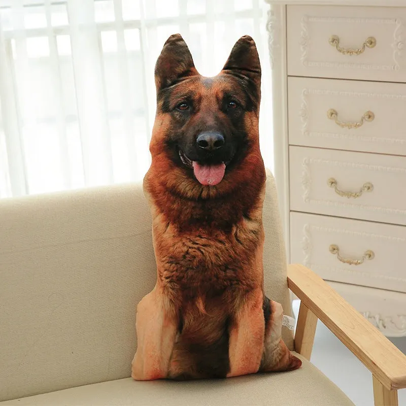 3D dog print throw pillow in short plush fabric, PP cotton filling, available in 50cm, 70cm, 90cm sizes