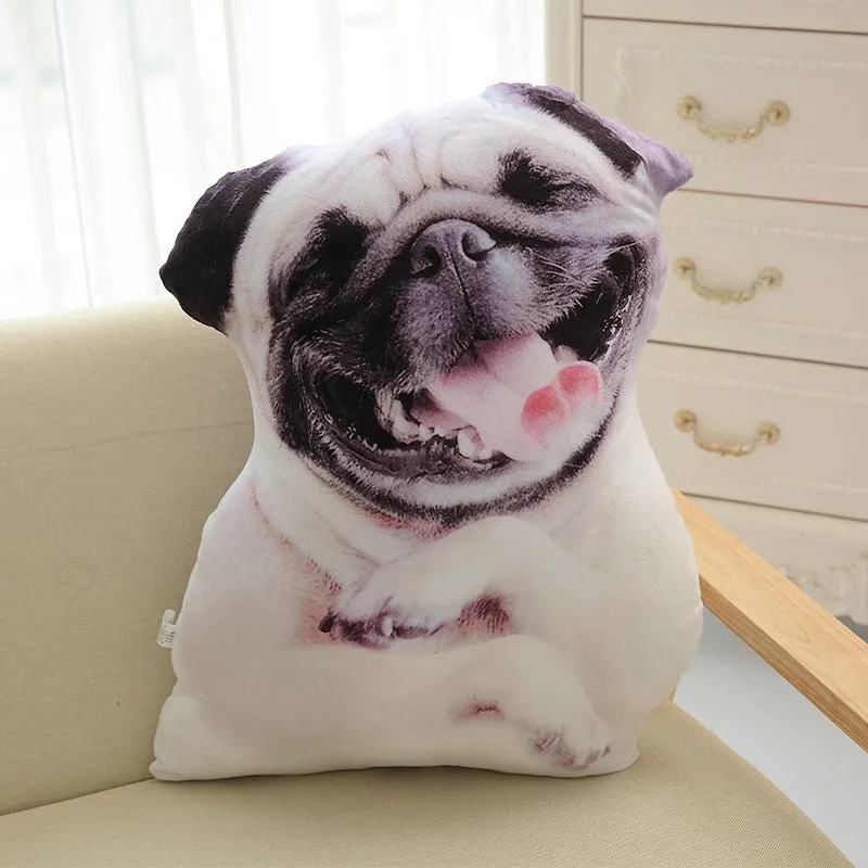 3D dog print throw pillow in short plush fabric, PP cotton filling, available in 50cm, 70cm, 90cm sizes