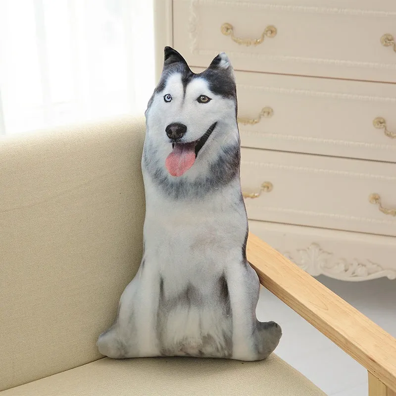 3D dog print throw pillow in short plush fabric, PP cotton filling, available in 50cm, 70cm, 90cm sizes