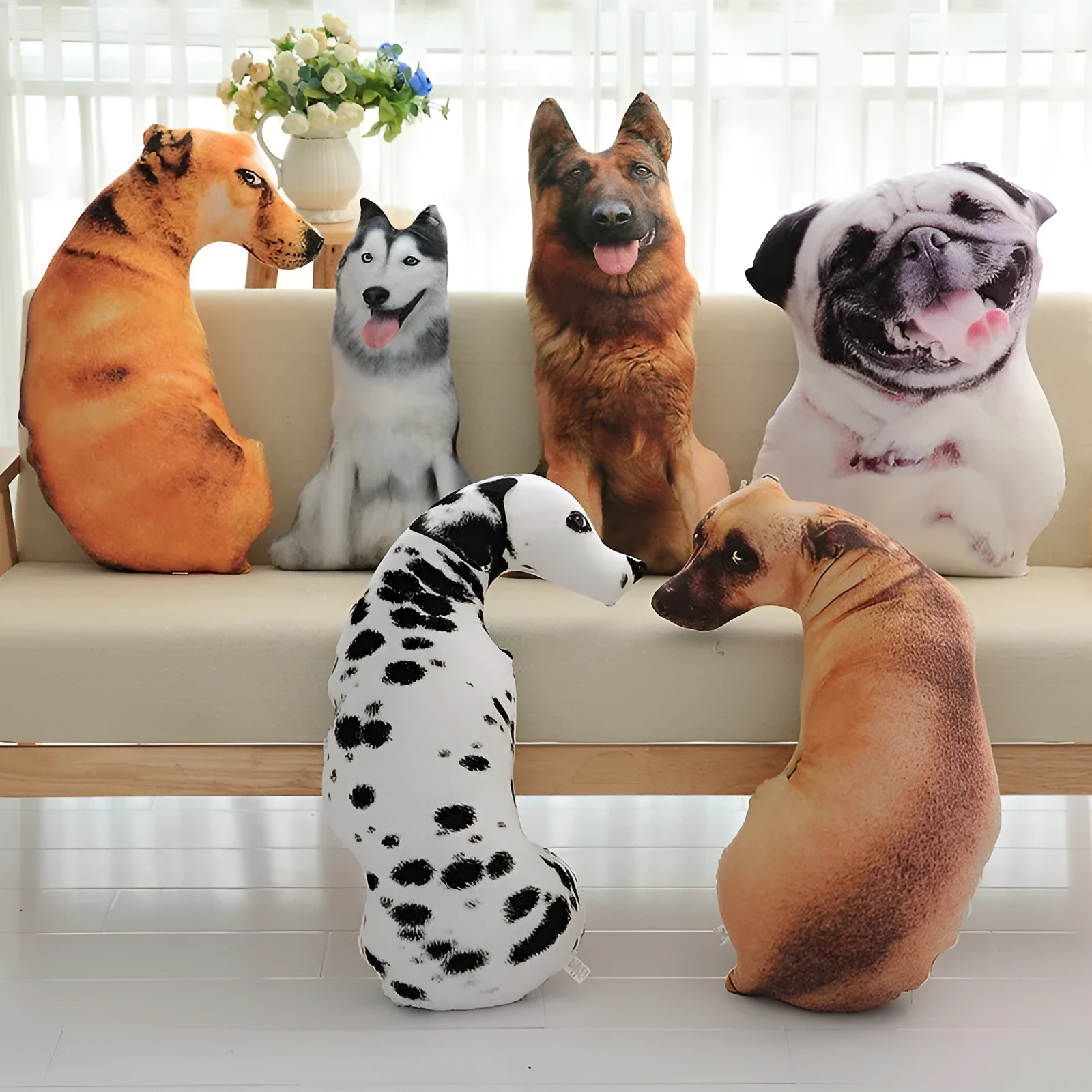 3D dog print throw pillow in short plush fabric, PP cotton filling, available in 50cm, 70cm, 90cm sizes