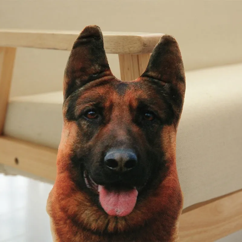 3D dog print throw pillow in short plush fabric, PP cotton filling, available in 50cm, 70cm, 90cm sizes