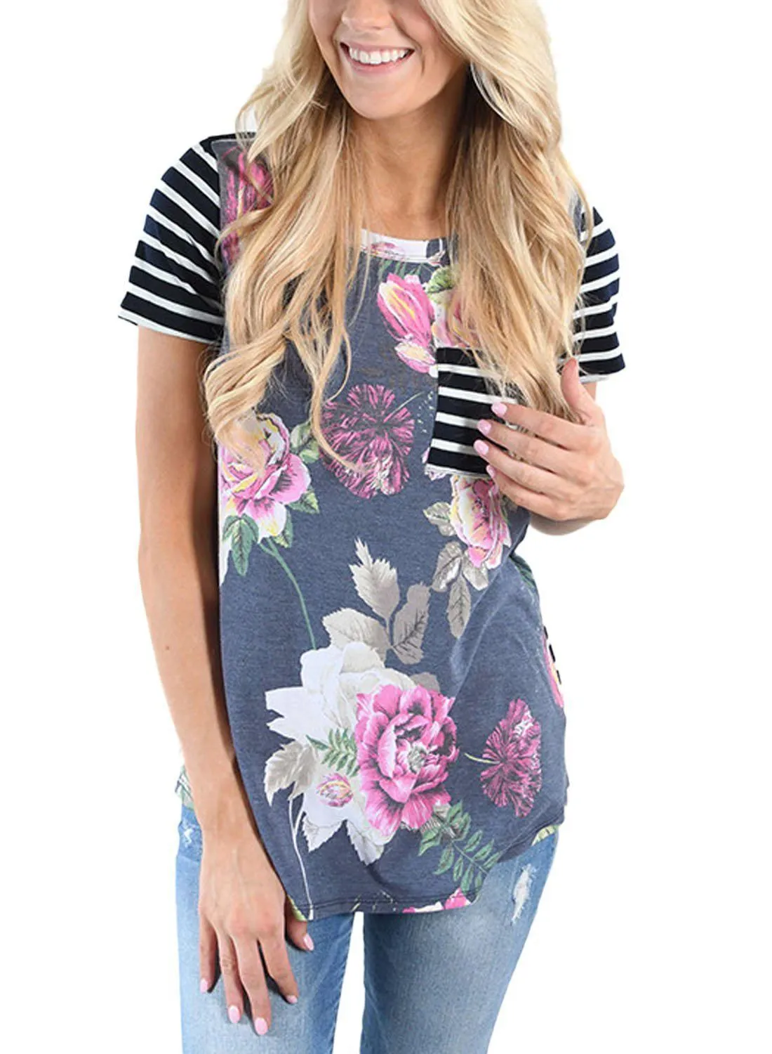 Summer breastfeeding top for pregnant women, striped short sleeve maternity nursing t-shirt in slim fit, round collar, green colour