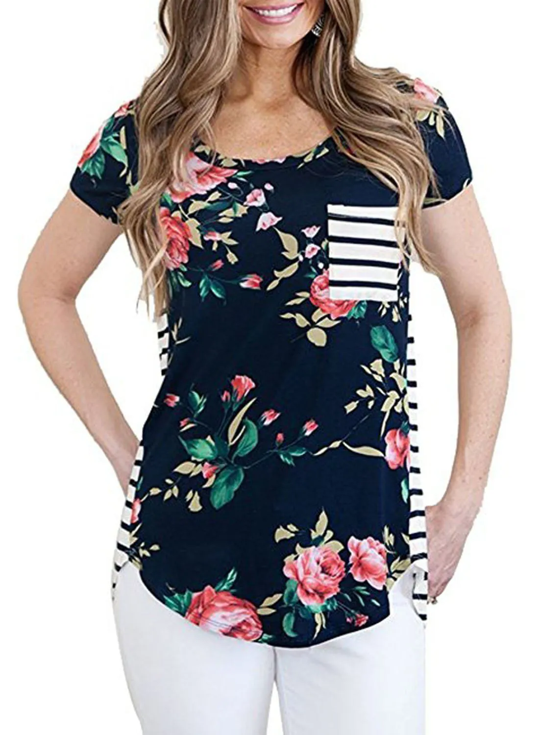Summer breastfeeding top for pregnant women, striped short sleeve maternity nursing t-shirt in slim fit, round collar, green colour