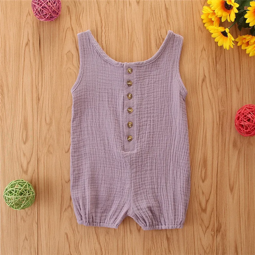 Cotton and linen sleeveless baby romper in solid colour, summer pullover style for girls.