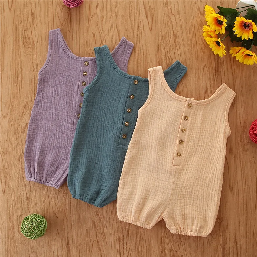 Cotton and linen sleeveless baby romper in solid colour, summer pullover style for girls.