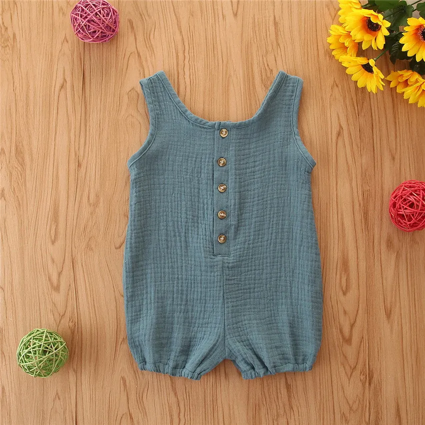 Cotton and linen sleeveless baby romper in solid colour, summer pullover style for girls.