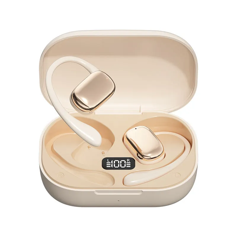 Ear-mounted headphones with digital display screen in black, white, or skin colour options
