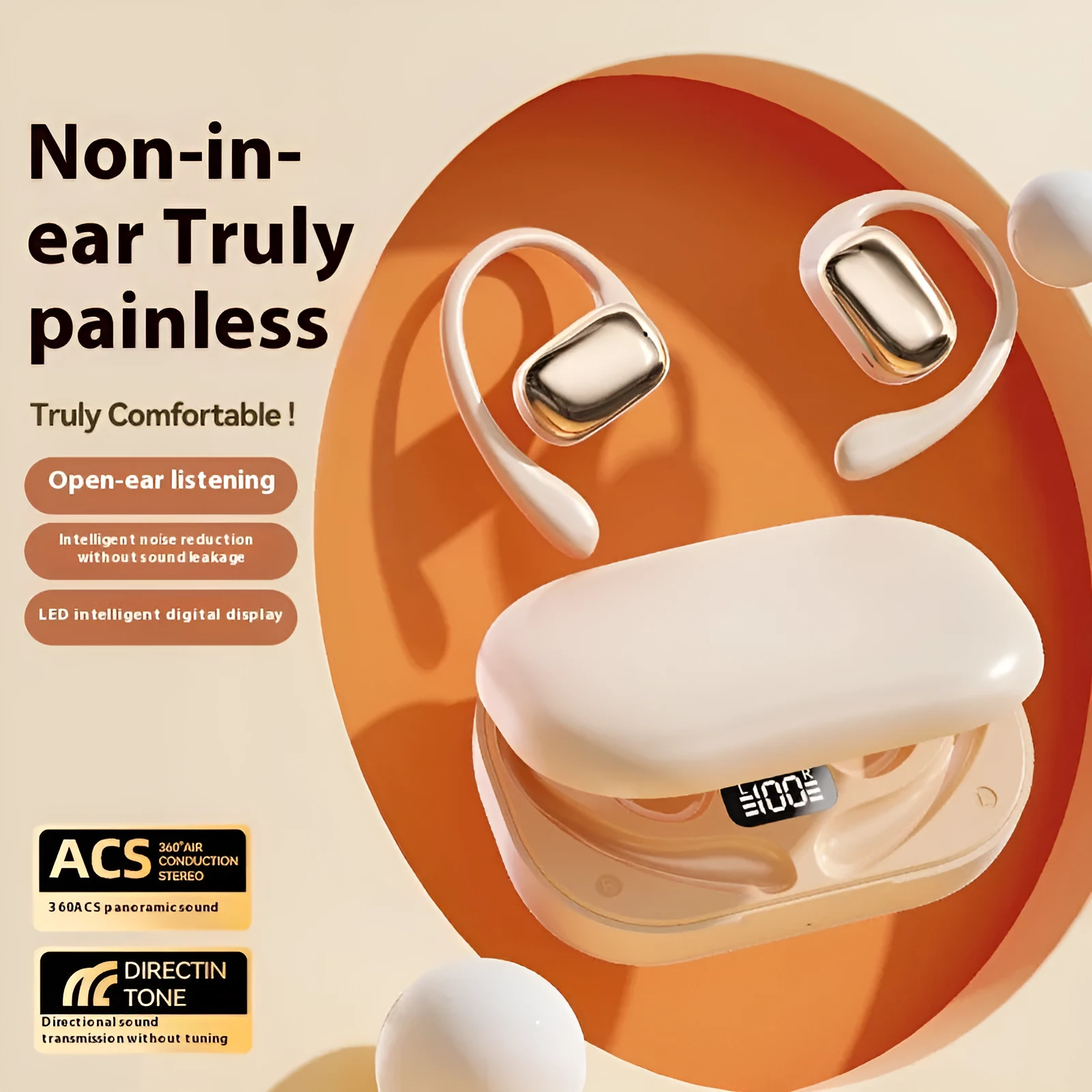 Ear-mounted headphones with digital display screen in black, white, or skin colour options