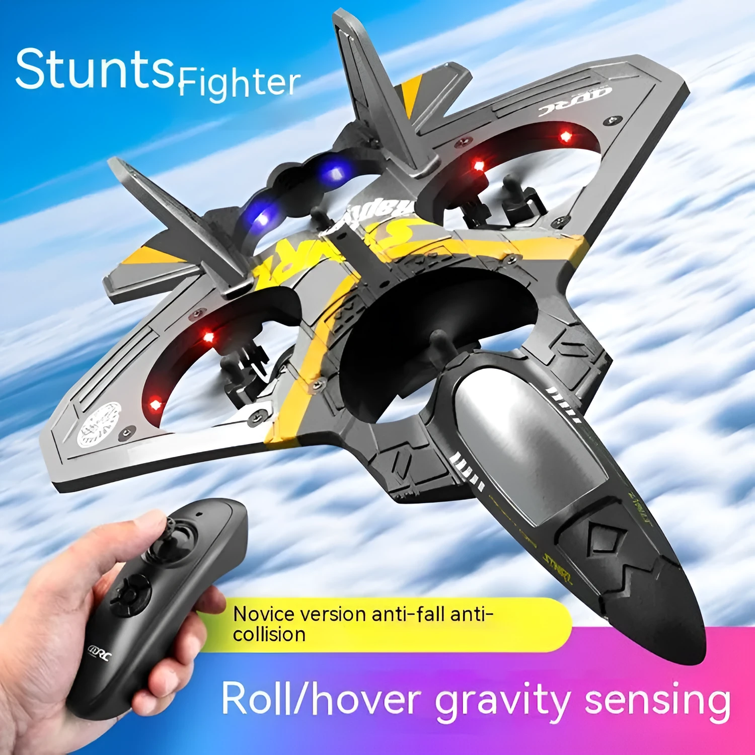 V17 children's remote control fighter drone in blue with foam body and propeller