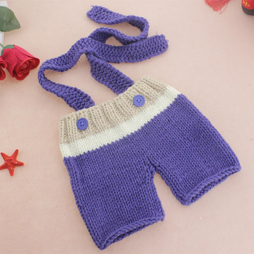 Infant navy handmade knitted wool cotton blend photo outfit set with hat and pants for baby photography