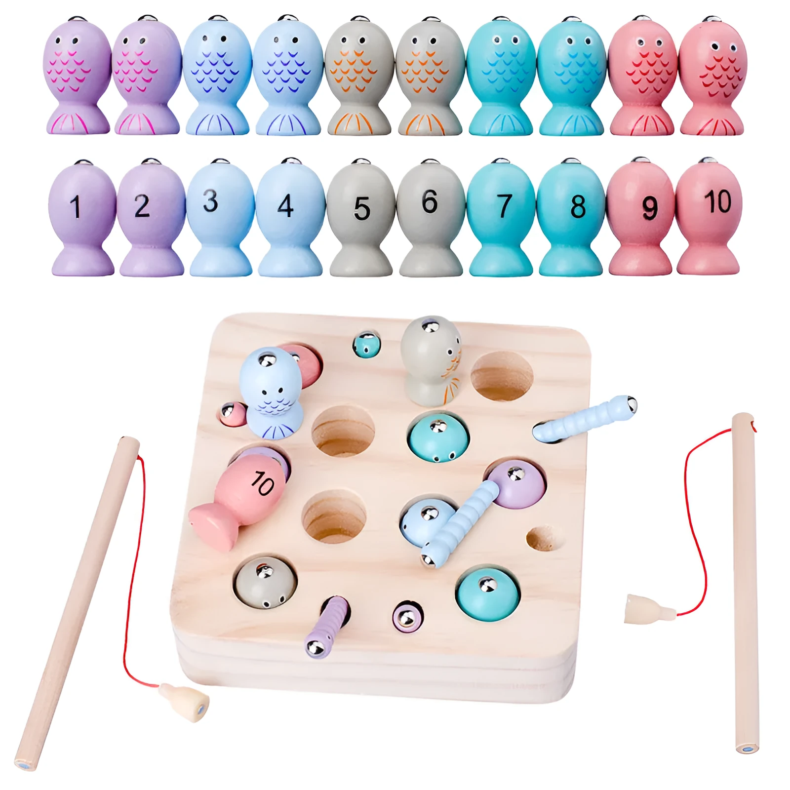 Children's wooden fishing catch insect game brain toy made of pine wood with water-based paint, 18 x 17.5 x 6 cm