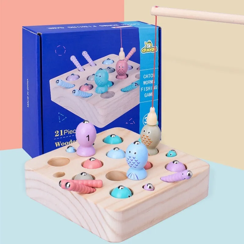 Children's wooden fishing catch insect game brain toy made of pine wood with water-based paint, 18 x 17.5 x 6 cm