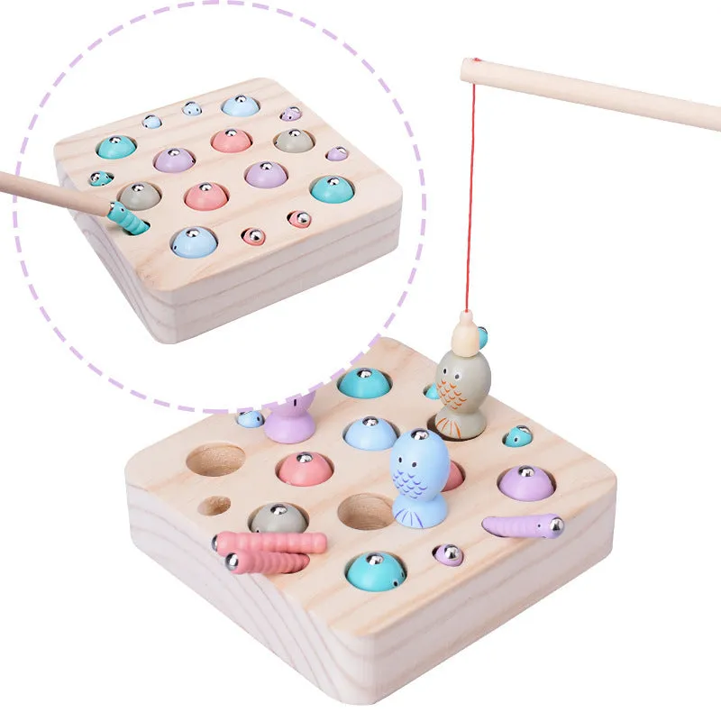 Children's wooden fishing catch insect game brain toy made of pine wood with water-based paint, 18 x 17.5 x 6 cm