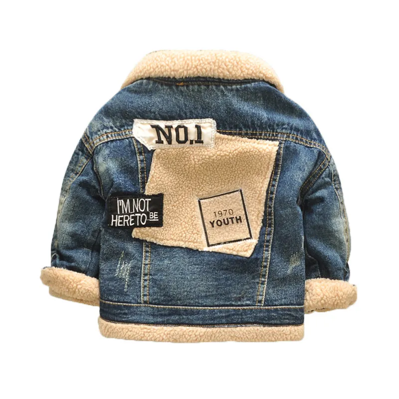 Children's baby thickened fleece-lined Korean style denim jacket with fur collar in denim colour, size 110 cm