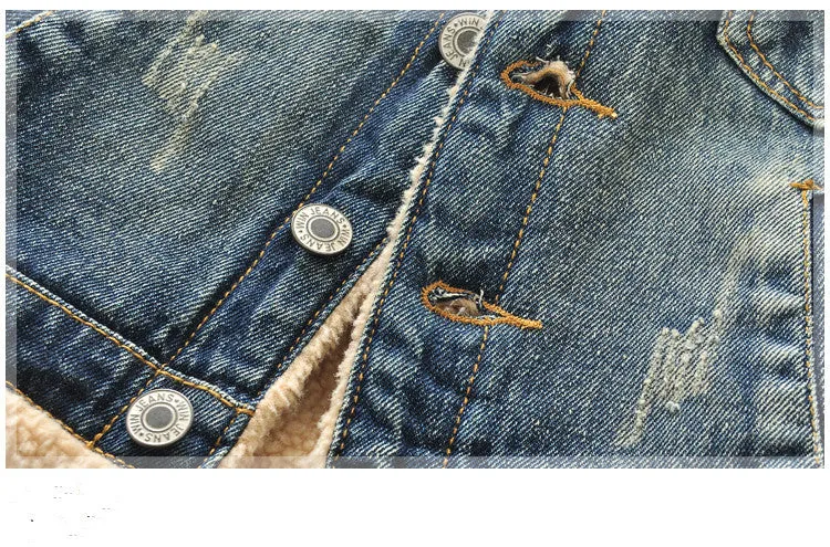 Children's baby thickened fleece-lined Korean style denim jacket with fur collar in denim colour, size 110 cm