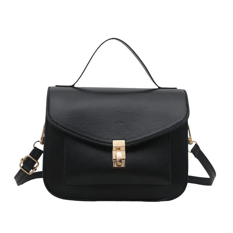 Retro-style horizontal square messenger bag in PU leather with crossbody strap and sandwich pocket