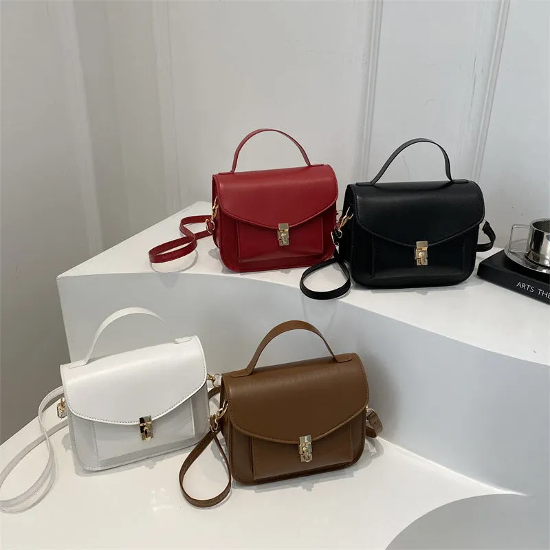 Retro-style horizontal square messenger bag in PU leather with crossbody strap and sandwich pocket