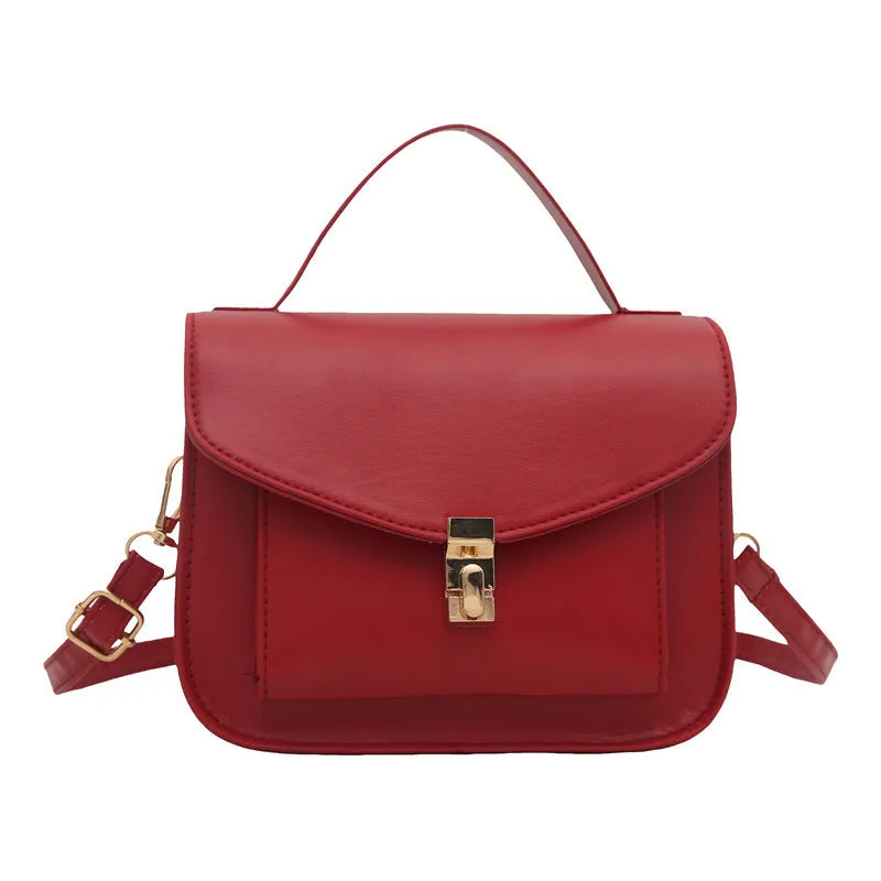 Retro-style horizontal square messenger bag in PU leather with crossbody strap and sandwich pocket