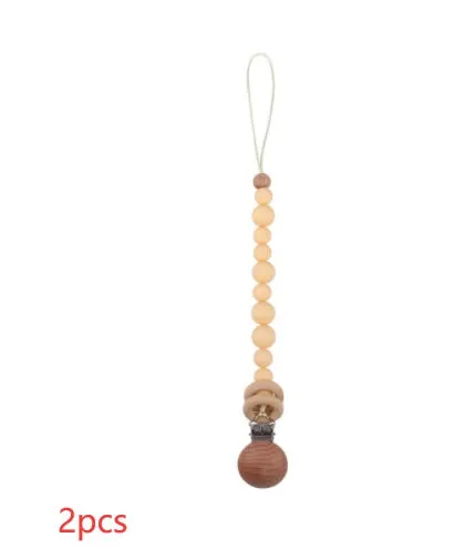 Beech wood clip pacifier chain 29cm length with silicone beads in assorted colours for baby.