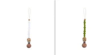Beech wood clip pacifier chain 29cm length with silicone beads in assorted colours for baby.