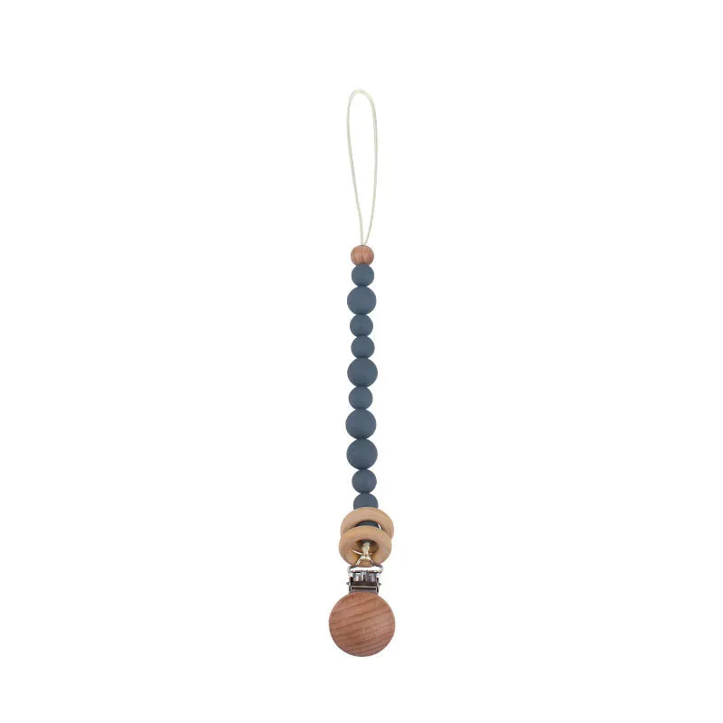 Beech wood clip pacifier chain 29cm length with silicone beads in assorted colours for baby.