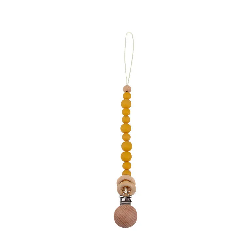 Beech wood clip pacifier chain 29cm length with silicone beads in assorted colours for baby.