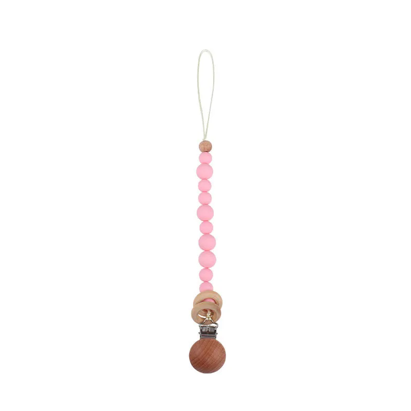 Beech wood clip pacifier chain 29cm length with silicone beads in assorted colours for baby.