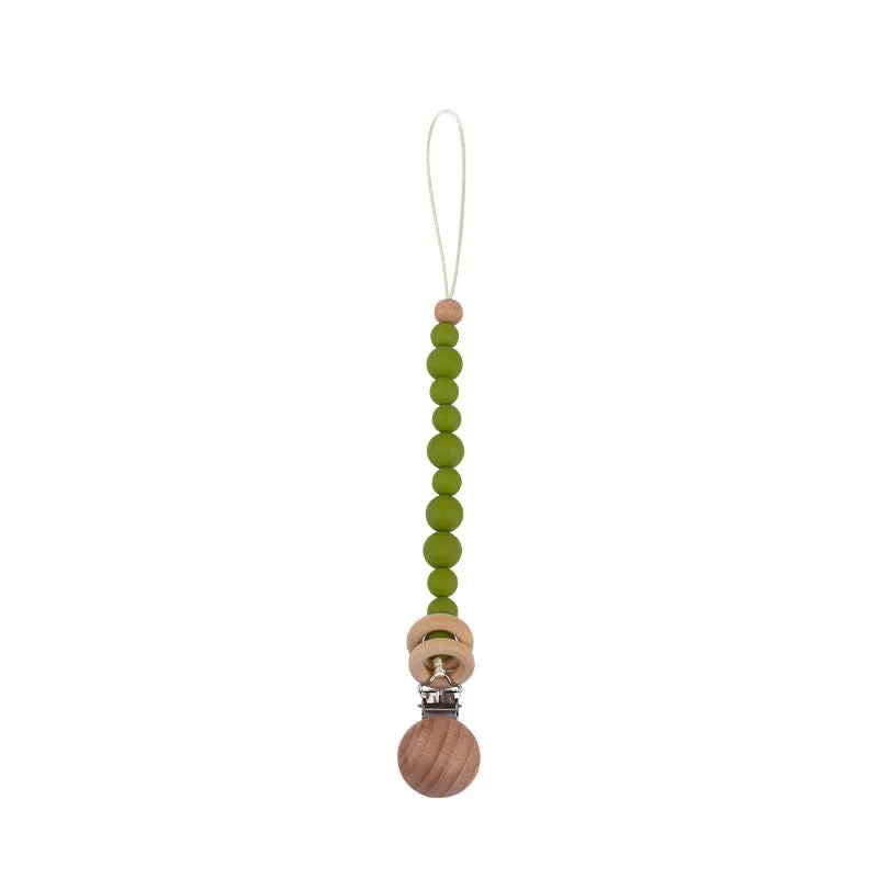 Beech wood clip pacifier chain 29cm length with silicone beads in assorted colours for baby.