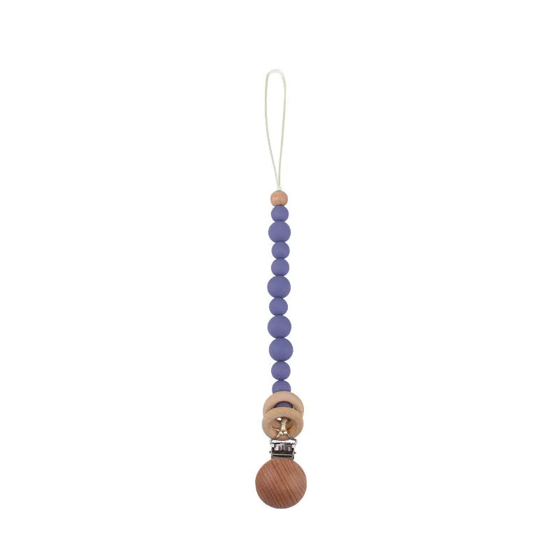 Beech wood clip pacifier chain 29cm length with silicone beads in assorted colours for baby.